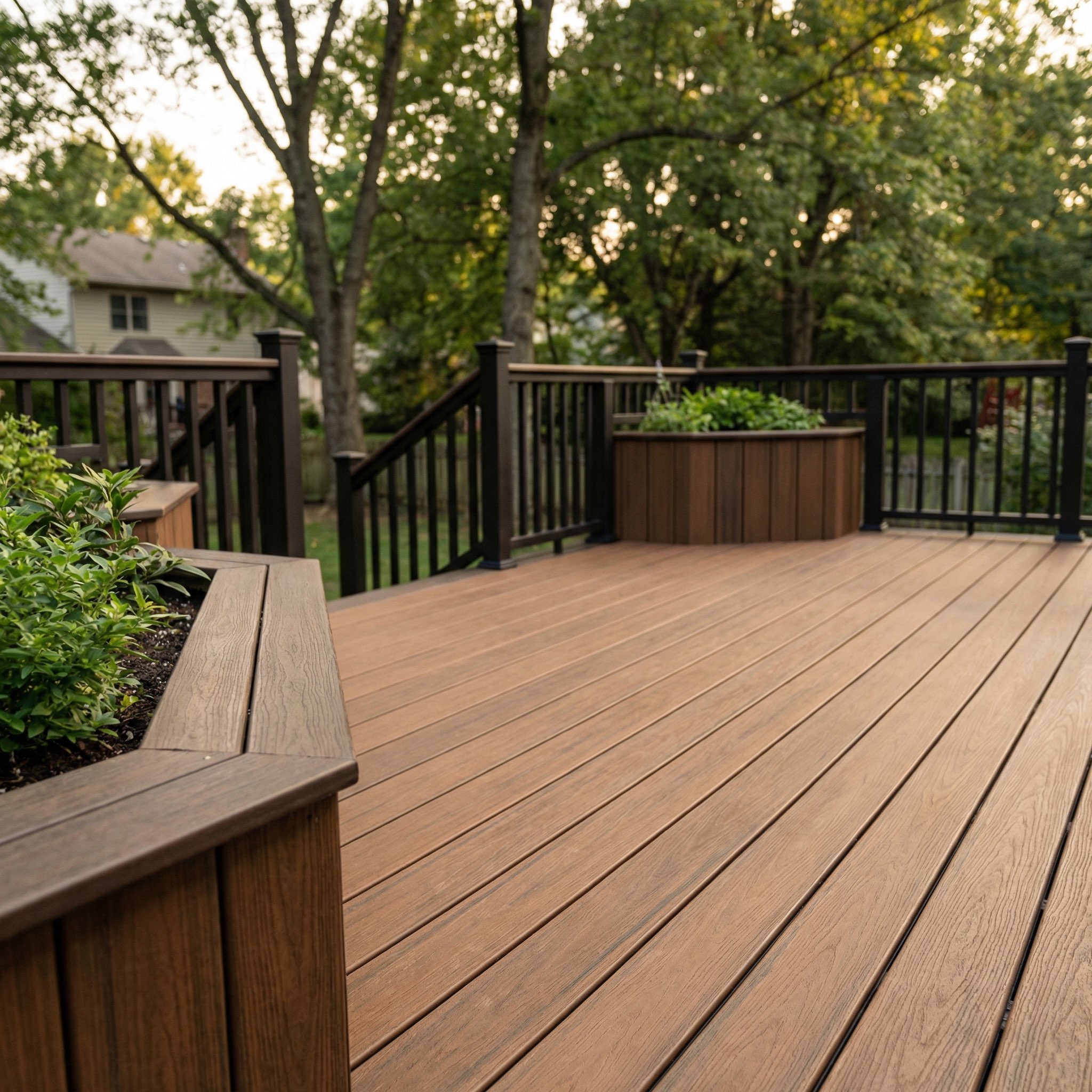 Composite deck boards on an outdoor deck