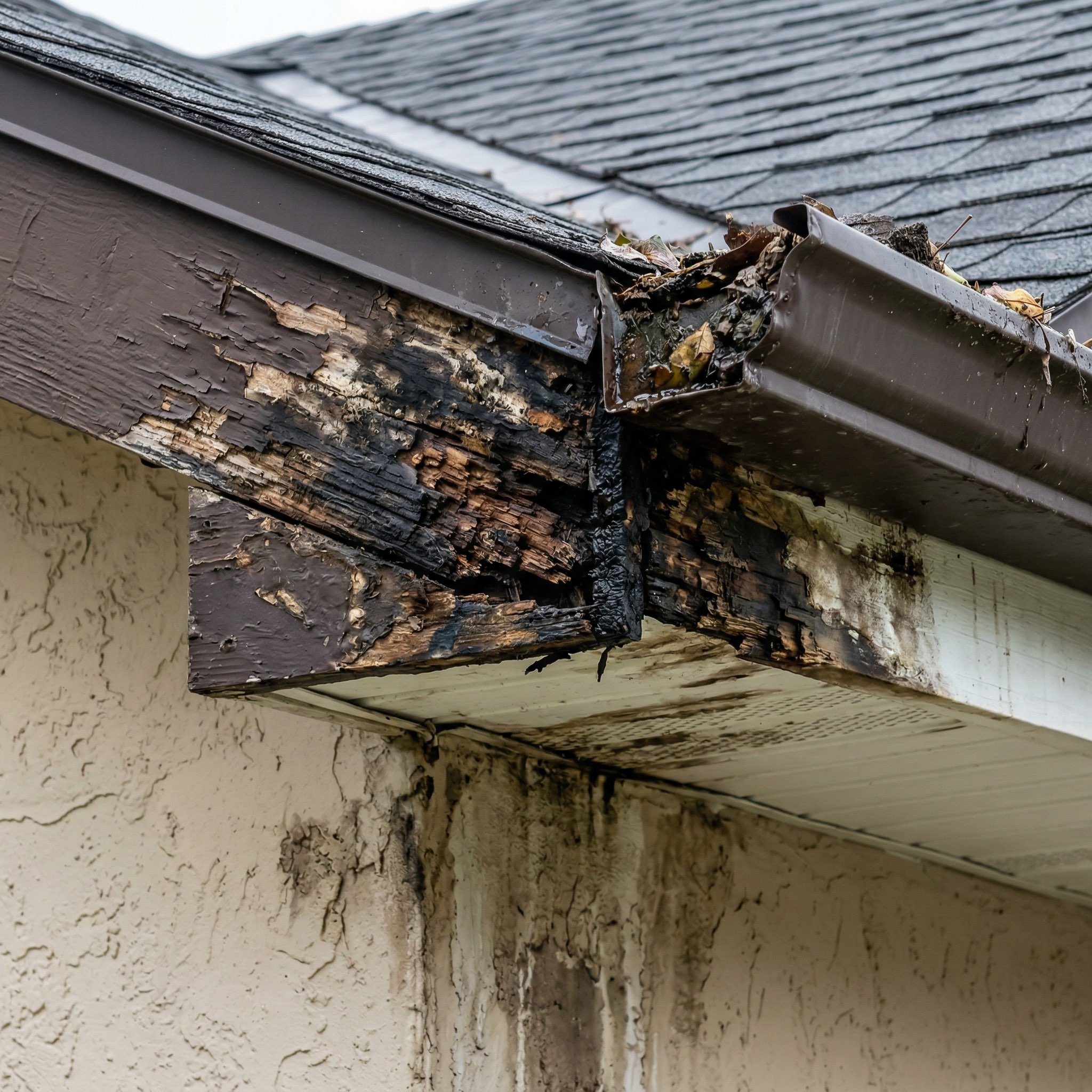 Rot and deterioration along a fascia board caused by failing gutters