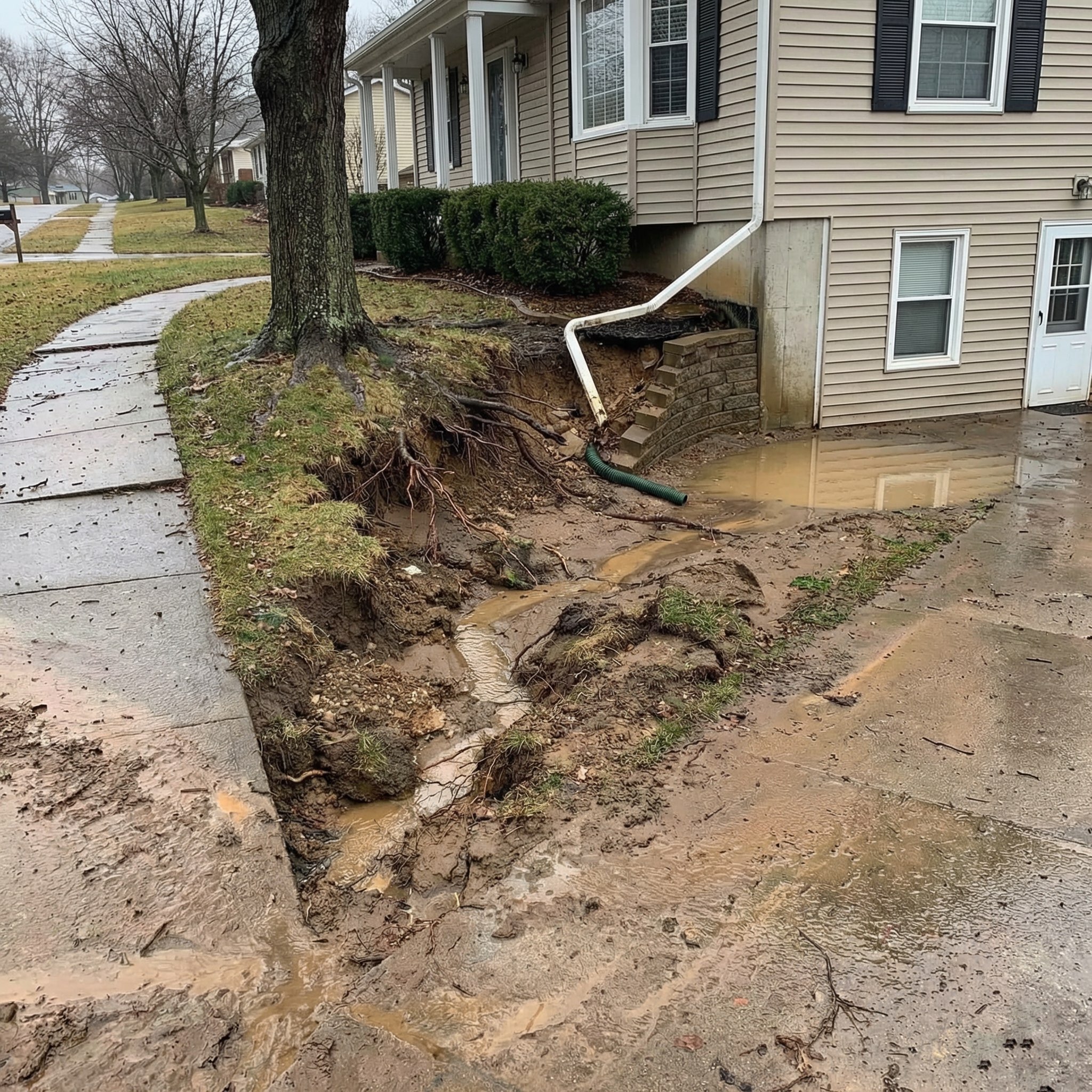 Landscape erosion created by uncontrolled roof runoff
