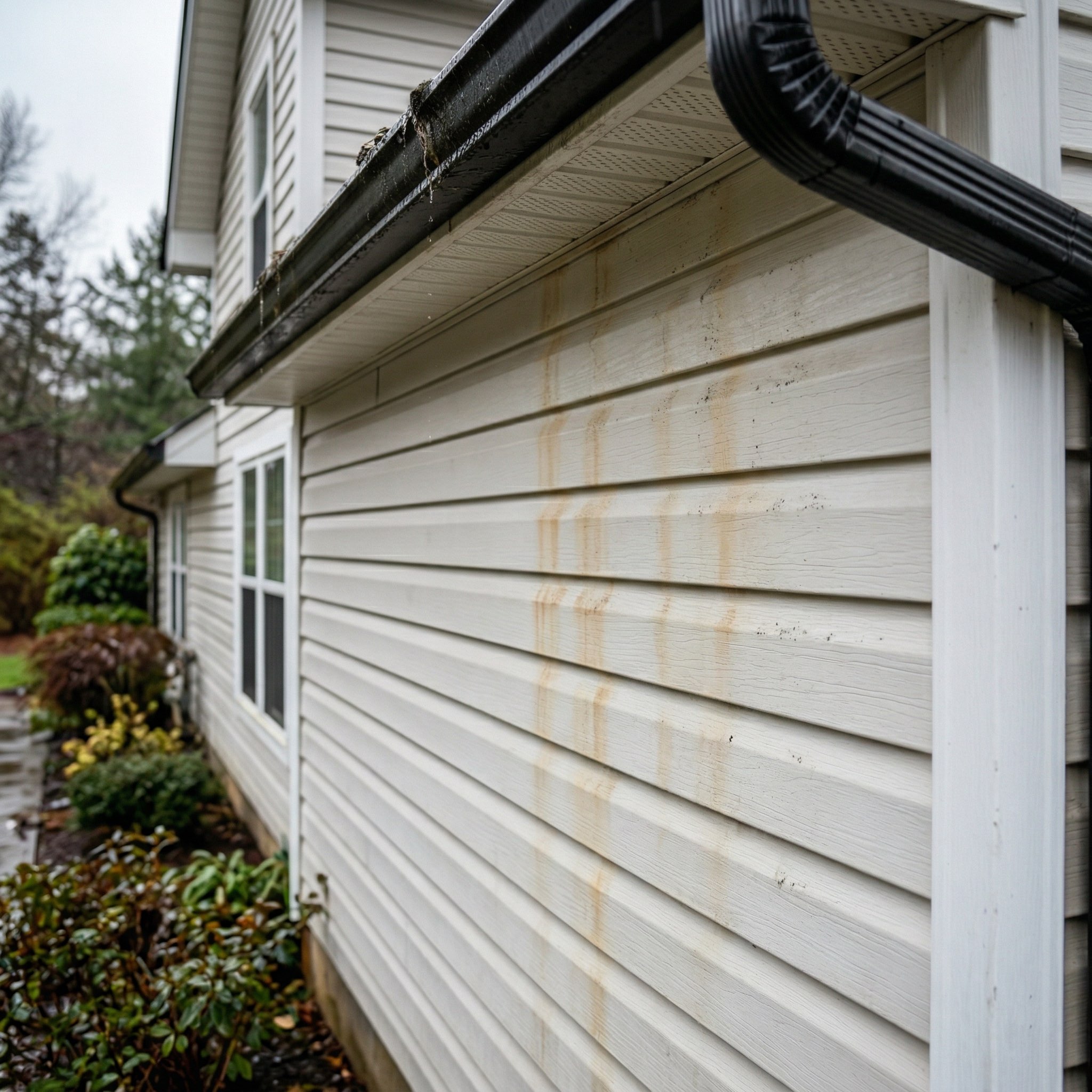 Exterior staining caused by improper gutter drainage